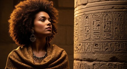 A woman with curly hair looks thoughtfully at ancient Egyptian hieroglyphs on a stone column.