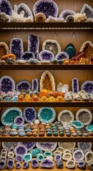 Collection of colorful natural crystal geodes and polished stones displayed on wooden shelves.