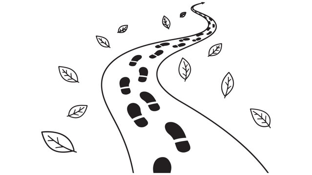 Vector line art illustration of a walking path with footsteps and fallen leaves, black and white linear sketch symbolizing hiking trail outdoor adventure and nature exploration journey