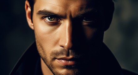 Close up of a handsome man with intense eyes looking directly at the camera.