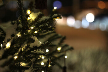 A garland decorates a Christmas tree branch; snow has fallen