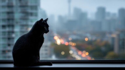 Black cat watching blurred cityscape from window at dusk.