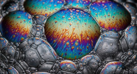 Close up macro view of colorful iridescent soap bubbles and foam.