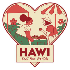 Hawi Hawaii Farmers Market Scene with Women Buying Fresh Fruit Vector Heart Badge