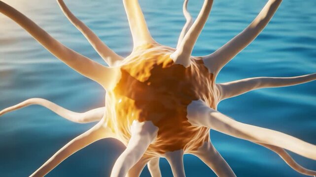 3d rendering of a biological neuron cell structure in blue water