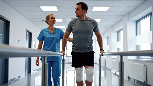 Man walks with physical therapist during rehabilitation session