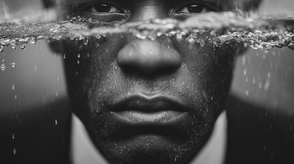 Black and white portrait of man with water at eye level, droplets and reflections creating dramatic conceptual atmosphere.
