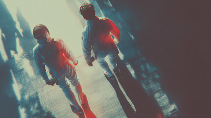 Two fencers in protective gear walk along piste, dramatic lighting and shadows creating intense cinematic atmosphere.
