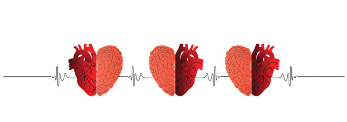 Hand drawn line drawing of a beating half of a human brain and heart. Grunge sketch tattoo design isolated on a white background, vector illustration. Concept of prioritizing logic and emotions.