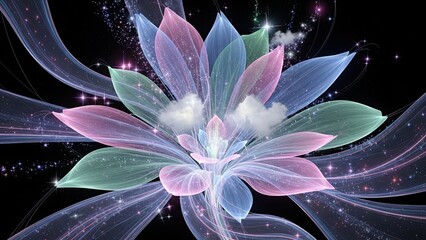 Vibrant Luminescent Digital Lotus Flower Blooming in a Mystical Cosmic Realm
