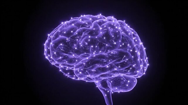 A glowing, stylized purple brain with illuminated nodes against a dark background