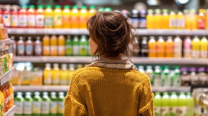 Young caucasian woman shopping in beverage aisle of grocery store.
