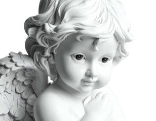 White angelic cherub statue with curly hair and feathered wings