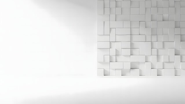 A minimalist white wall features a textured three dimensional cubic pattern illuminated by soft diffused lighting