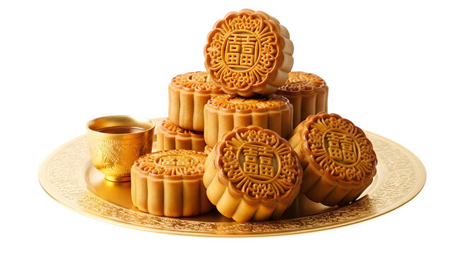 Mooncakes stacked on golden plate isolated on transparent background