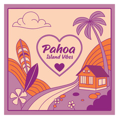 Pahoa Island Vibes Square Illustration with Cottage and Winding Road