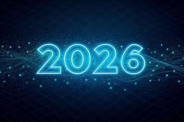 Glowing neon blue digits boldly display the future year 2026 illuminated against a dark digital network background filled with abstract glowing particles and connecting light trails signifying progres