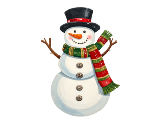 Cheerful snowman with top hat, scarf, and carrot nose