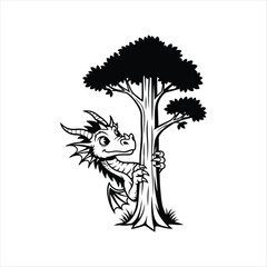 Charming black vector illustration of a dragon peeking from a tree