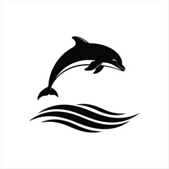 A sleek black vector illustration of a dolphin jumping from the ocean