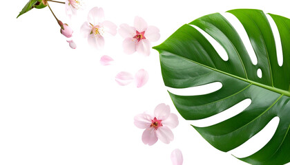 Delicate pink blossoms cascade beside a large, vibrant green tropical leaf on black