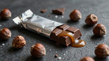 Chocolate bar with caramel drips and hazelnuts on dark surface