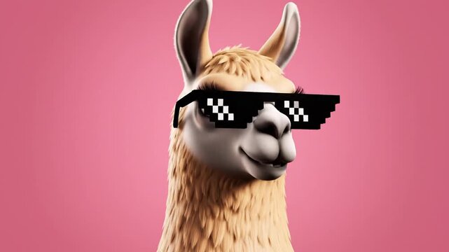Cool Llama Wearing Pixel Sunglasses on Pink Background.