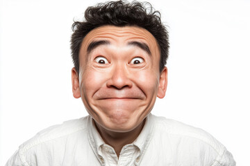Surprised young man with wide eyes expressing amusement on white background