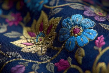 Blue and gold floral embroidery on dark fabric with intricate details