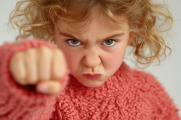 Determined young girl with curly hair punching forward in pink sweater