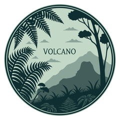 Round Tropical Jungle Mountain Badge Vector Illustration
