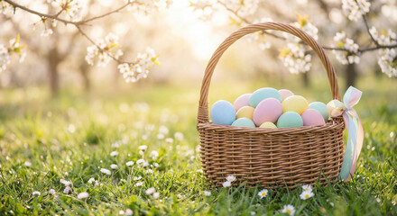Basket of colorful pastel easter eggs on green grass with flowers, spring holiday concept