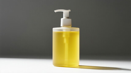 Clear Glass Pump Bottle Filled with Vibrant Yellow Soap Isolated on White