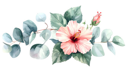 Watercolor floral arrangement with eucalyptus, hibiscus, and bud against a black background