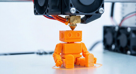 Close up 3D printer nozzle creating orange plastic object, manufacturing technology