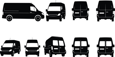 Black cargo van silhouettes from multiple angles including side front and rear views, commercial delivery vehicle vector set for logistics branding © prof.design