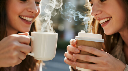 Close-Up of Hands Holding Coffee Cups with Laughing Expressions in the Bright Background