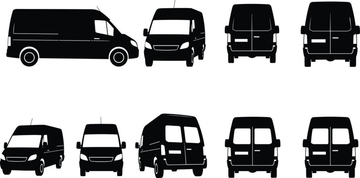 Black cargo van silhouettes from multiple angles including side front and rear views, commercial delivery vehicle vector set for logistics branding