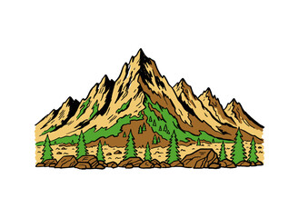 Rugged Mountain Peaks Landscape.Vintage Wilderness Vector Art.Hand drawn Rocky Range Design.Pine Forest Adventure Illustration.Outdoor Hike and Travel