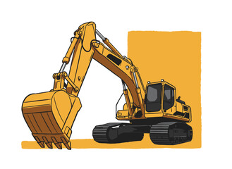 Heavy duty excavator illustration.Yellow construction digger.Industrial tracked machine.Earth mover vector graphic.Hydraulic shovel cartoon
