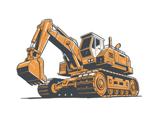 Retro excavator vector graphic.Construction heavy machinery.Isolated industrial digger.Earth mover equipment art.Bold engineering vehicle