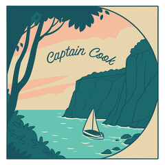Captain Cook Coastal Sunset View with Sailboat Retro Poster