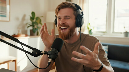 Laughing Podcaster Gesturing While Speaking into Mic in Sunlit Studio