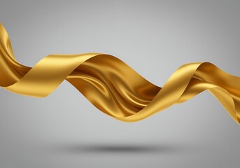 Golden silk ribbon flowing in waves on gray background