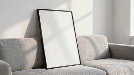 Blank frame leaning on gray sofa with sunlight