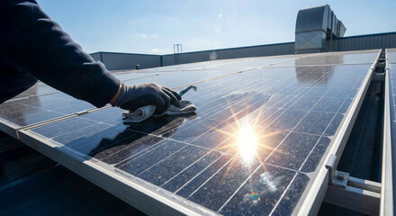 Technician hand installing solar panel on roof with sun flare, renewable energy maintenance