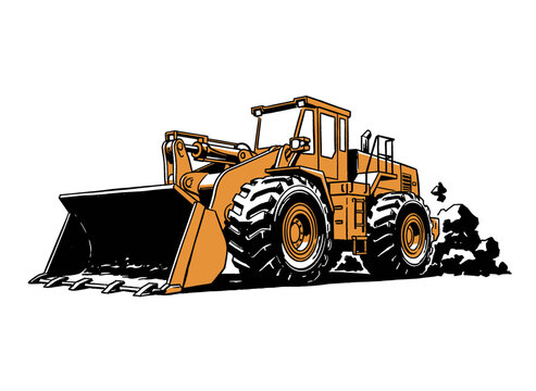 Heavy Wheel Loader Graphic.Construction Front Loader Art.Retro Shovel Truck Illustration.Earth Moving Equipment Vector.Industrial Vehicle Mascot