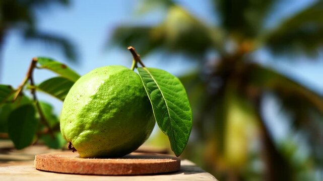 A close-up of a green guava with leaves, resting on wood, with blurred foliage in the background