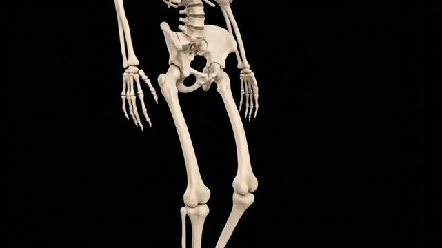 Detailed view of the human skeletal system captured in a dynamic walking pose, illustrating fundamental anatomical structure and biomechanics of locomotion