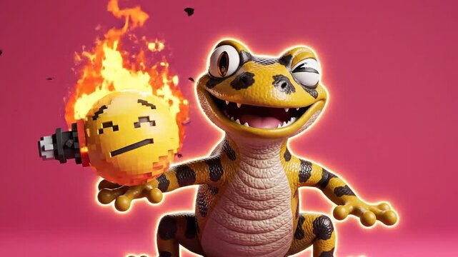 Funny Cartoon Lizard Holding Flaming Pixelated Emoji Ball.
